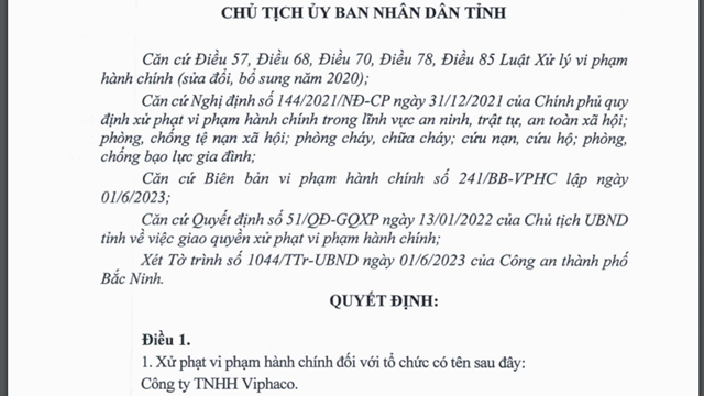 Bắc Ninh: Công ty TNHH Viphaco tiếp tục bị xử phạt