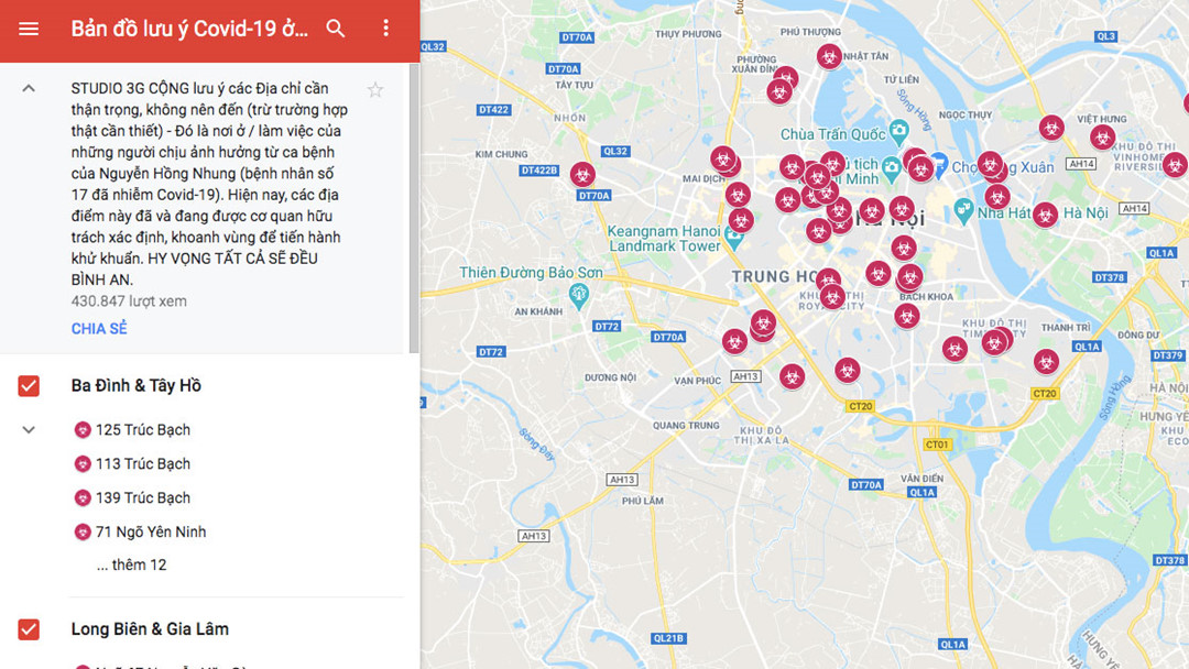 Bản đồ dịch Covid-19 tại Hà Nội trên Google gây hoang mang
