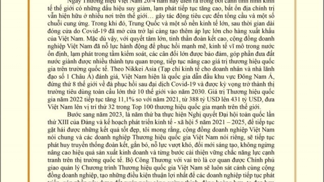 Bộ trưởng Nguyễn Hồng Diên chúc mừng cộng đồng doanh nghiệp nhân ngày Thương hiệu Việt Nam (20/4)