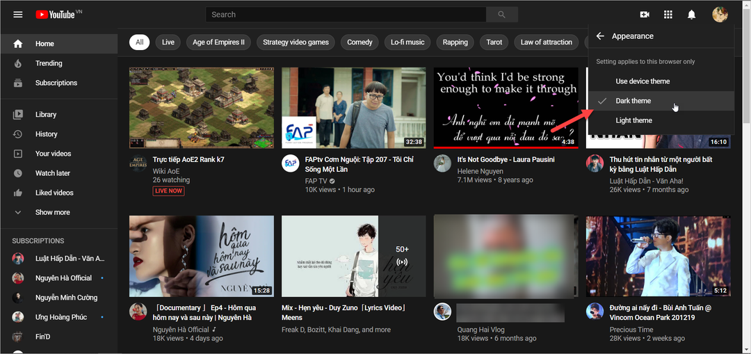 Cách kích hoạt giao diện Dark Mode cho YouTube web 