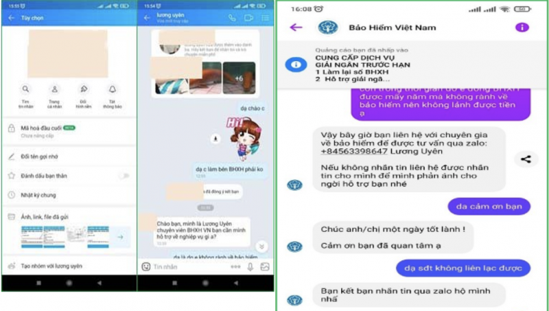 Nội dung trao đổi giữa người giả mạo BHXH với chị T. (Ảnh: BHXH TP.HCM cung cấp).