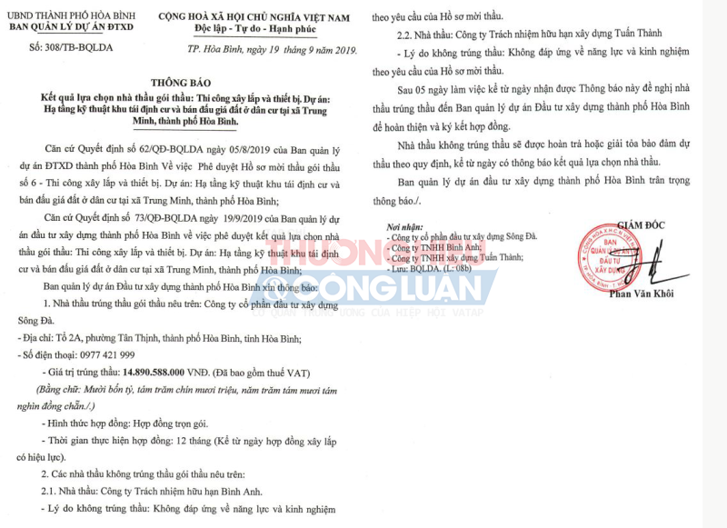 Ông Phan Văn Khôi – Giám đốc Ban QLDA ĐTXD TP Hòa Bình ký phê duyệt Dự án: Hạ tầng kỹ thuật khu tái định cư và bán đấu giá đất ở dân cư tại xã Trung Minh, thành phố Hòa Bình cho Công ty Sông Đà với giá trúng thầu là 14,8 tỷ đồng (giảm cho ngân sách hơn 6 triệu đồng - tiết kiệm ngân sách 0,04% so với giá gói thầu).