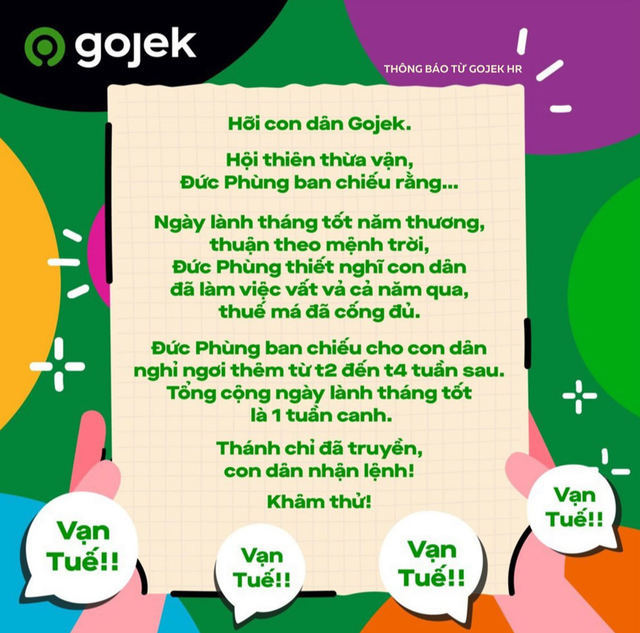 CEO Gojek cho nhân viên nghỉ lễ 2/9 một tuần, hưởng nguyên lương - Ảnh 1. CEO Gojek cho nhân viên nghỉ lễ 2/9 một tuần, hưởng nguyên lương - Ảnh 1.