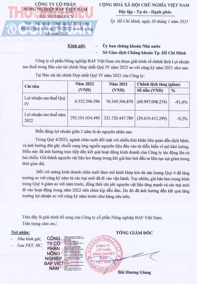 Kết thúc quý IV/2022, lợi nhuận sau thuế của BAF cũng sụt giảm mạnh chỉ còn 6,5 tỷ đồng so với cùng kỳ năm trước
