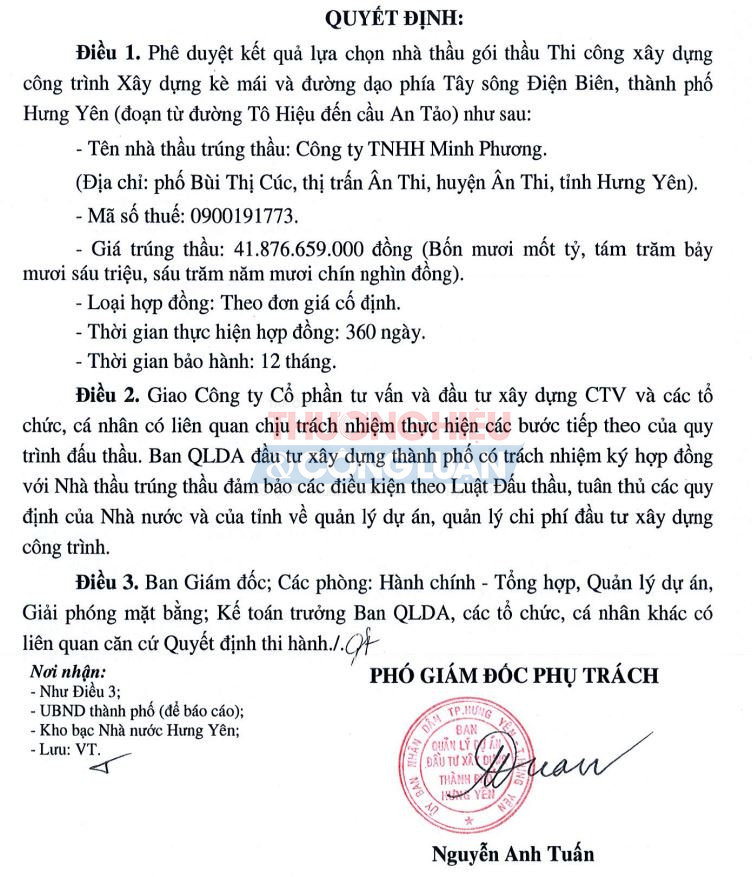 Tại Quyết định số 2083/QĐ-BQLDA ngày 26/12/2023, Công ty Minh Phương trúng gói thầu với giá 41,8 tỷ đồng - tiết kiệm ngân sách 0,6%.