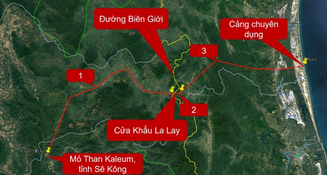 Sơ đồ băng tải than từ tỉnh Sekong (Lào) về cảng biển theo đề xuất của nhà đầu tư, chia làm ba đoạn. Ảnh: Nhà đầu tư