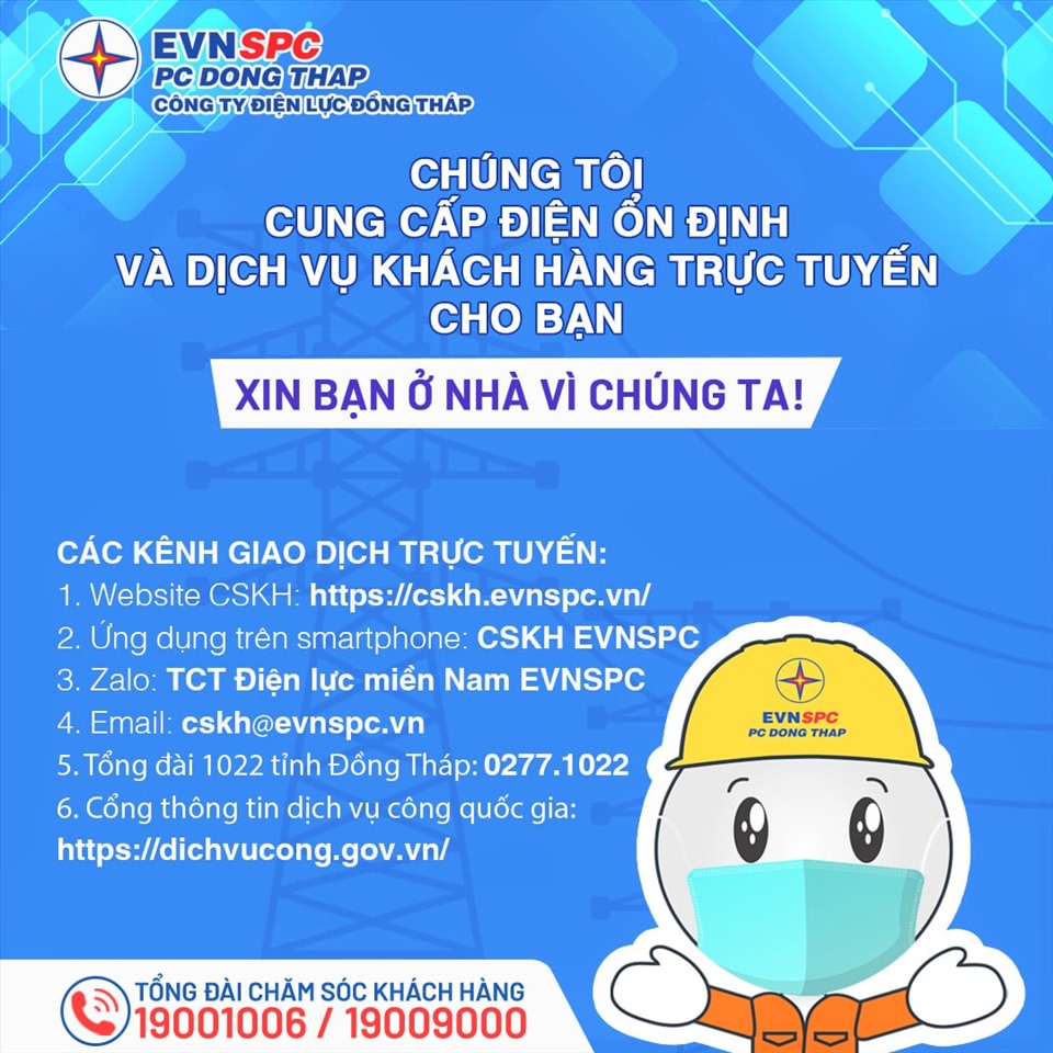 Logo tuyên truyền, khuyến khích khách hàng sử dụng dịch vụ điện trực tuyến của Công ty Điện lực Đồng Tháp trong thời gian giãn cách xã hội. Ảnh EVNSPC cung cấp.