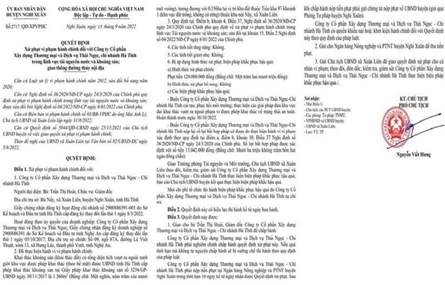 Quyết định số 2717/QĐ-XPVPHC về việc xử phạt vi phạm hành chính đối với Công ty cổ phần Xây dựng Thương mại và Dịch vụ Thái Ngọc - Chi nhánh Hà Tĩnh số tiền 120 triệu đồng. Quyết định số 2717/QĐ-XPVPHC về việc xử phạt vi phạm hành chính đối với Công ty cổ phần Xây dựng Thương mại và Dịch vụ Thái Ngọc - Chi nhánh Hà Tĩnh số tiền 120 triệu đồng.