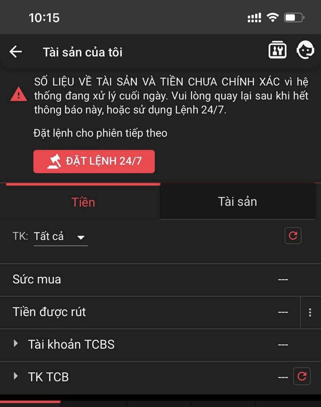 Hàng loạt nhà đầu tư dùng app TCBS gặp lỗi không thể truy cập, không đặt được lệnh mua bán trong sáng 23/11 - Ảnh 1. Hàng loạt nhà đầu tư dùng app TCBS gặp lỗi không thể truy cập, không đặt được lệnh mua bán trong sáng 23/11 - Ảnh 1.