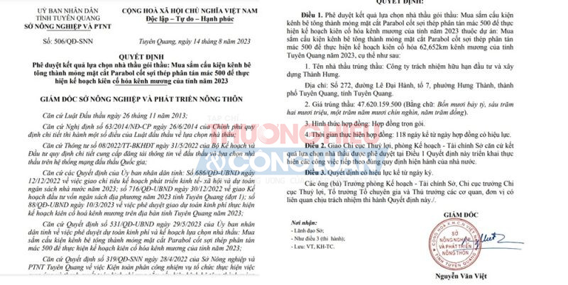 Gói thầu hơn 47 tỷ đồng do Sở NN&PTNT tỉnh Tuyên Quang mời thầu, Công ty Thành Hưng trúng thầu với tỷ lệ tiết kiệm chỉ là 0,04%