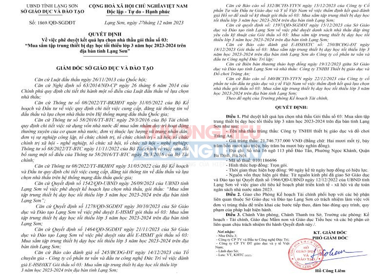 Quyết định Về việc phê duyệt kết quả lựa chọn nhà thầu gói thầu số 03 của Sở GD&ĐT Lạng Sơn