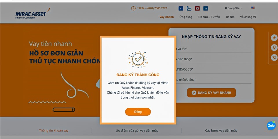 Chỉ cần một số thông tin cơ bản để đăng ký vay tiền của Công ty Mirae Asset. Ảnh chụp màn hình.
