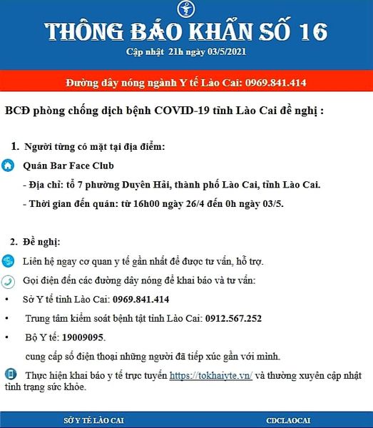 Lào Cai: Tìm người đến quán Bar Face Club ngày 29/4 - 3/5 - Ảnh 1.