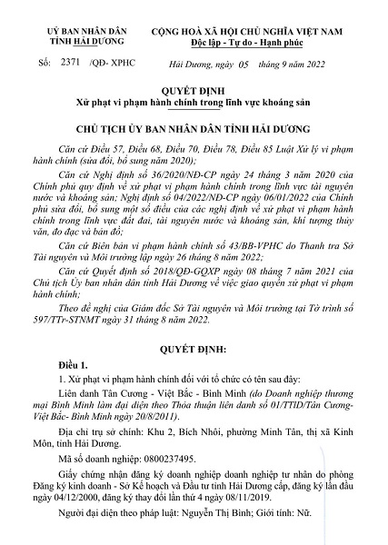 Quyết định xử phạt vi phạm hành chính trong lĩnh vực khoáng sản đối vớiLiên danh Tân Cương - Việt Bắc - Bình Minh tại thị xã Kinh Mô Quyết định xử phạt vi phạm hành chính trong lĩnh vực khoáng sản đối vớiLiên danh Tân Cương - Việt Bắc - Bình Minh tại thị xã Kinh Mô