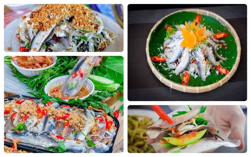Gỏi cá trích được ăn theo kiểu cuốn bánh tráng, với rau sống, dưa leo, chấm nước chấm.