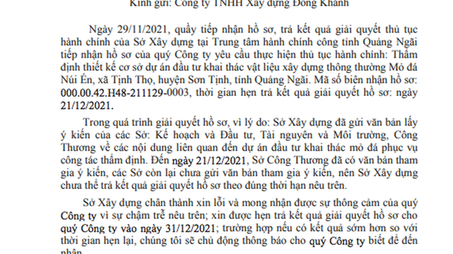 Quảng Ngãi: Sở Xây dựng xin lỗi công ty vì chậm làm thủ tục hành chính