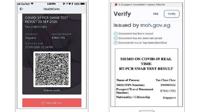 Chứng nhận xét nghiệm trước khi khởi hành đã được xác nhận (bên trái) và Chứng nhận tính xác thực Bộ Y tế (bên phải). Nguồn hình ảnh: Channel News Asia.