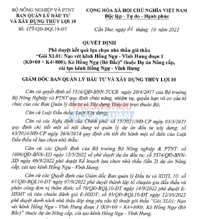 Ban Quản lý Đầu tư và Xây dựng thủy lợi 10 (Bộ Nông nghiệp và Phát triển nông thôn) ký quyết định số 109/QĐ-BQL10-ĐT phê duyệt cho Liên danh Công ty Thanh Tuấn