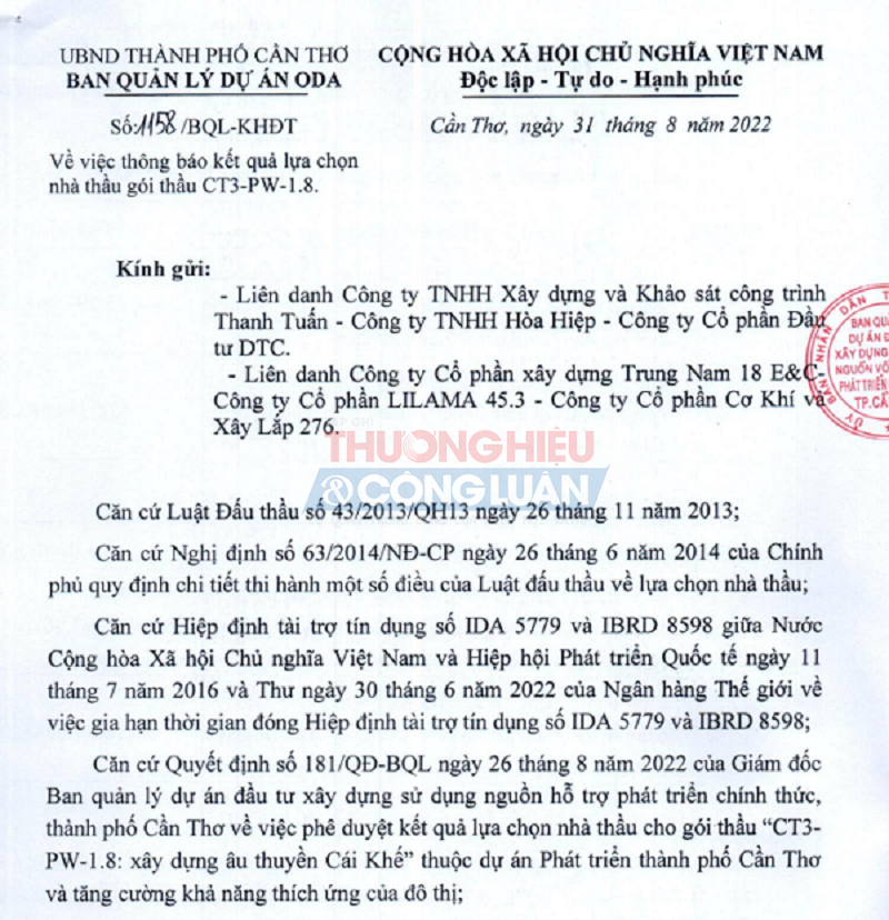Ban quản lý dự án đầu tư xây dựng sử dụng nguồn vốn hỗ trợ phát triển chính thức TP. Cần Thơ ký quết định số 1158/BQL-KHĐT phê duyệt cho Liên danh Công ty Thanh Tuấn